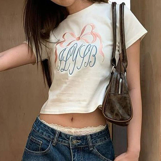 Bow embroidery short crop pullover top