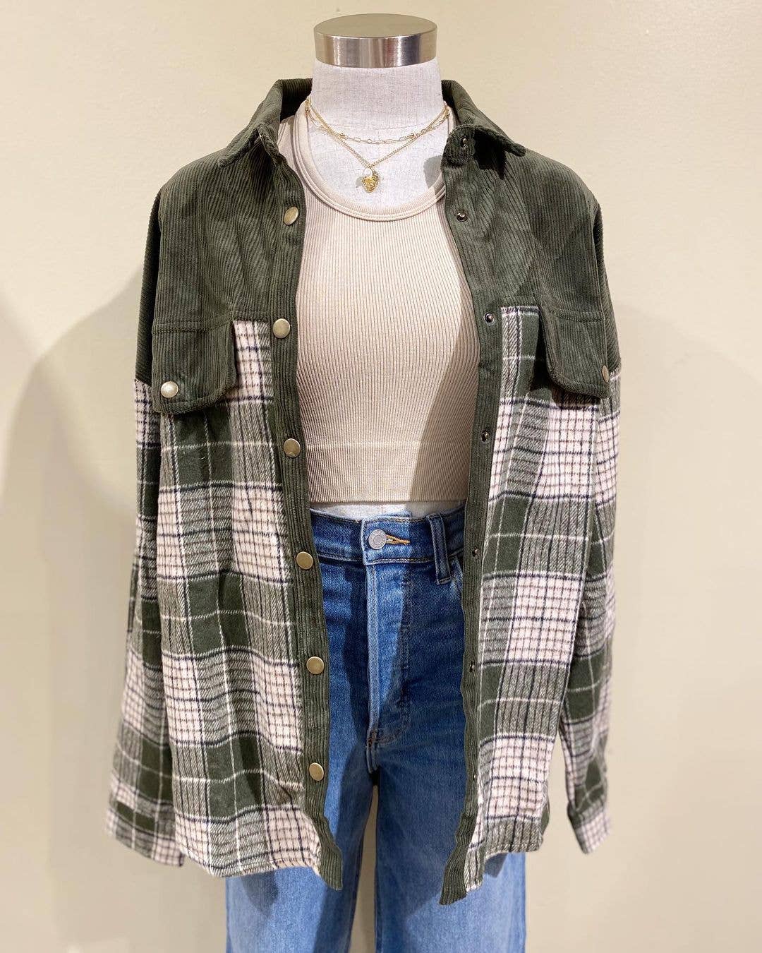 Checkered color-blocked corduroy coat