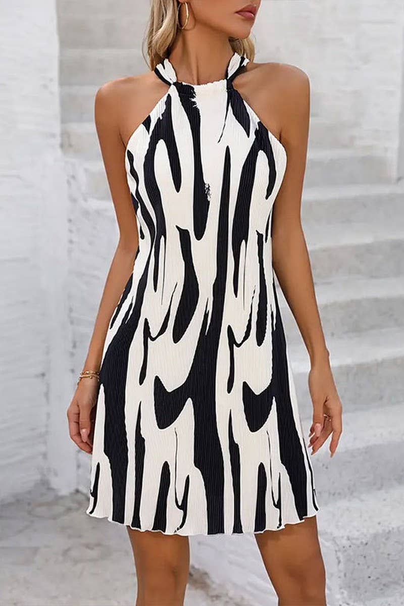 CWDSD7648_SUMMER ELEGANT PLEATED HALTER NECK A-LINE DRESS