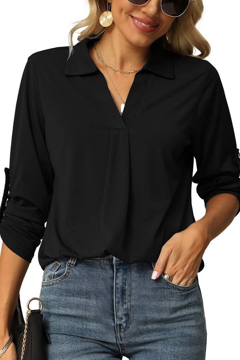 CWTBLL3627_AUTUMN ELASTIC V-NECK LONG-SLEEVED T-SHIRT TOP