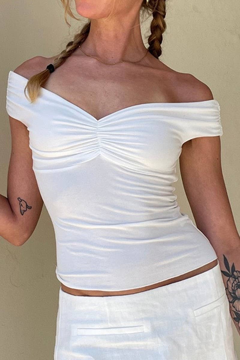 CWTBLSL0741_OFF SHOULDER RUCHED FRONT SEXY CROP TOP