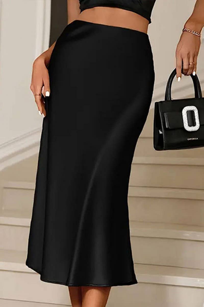 CWBLS0432_ELEGANT SOLID COLOR A-LINE SATIN SKIRT