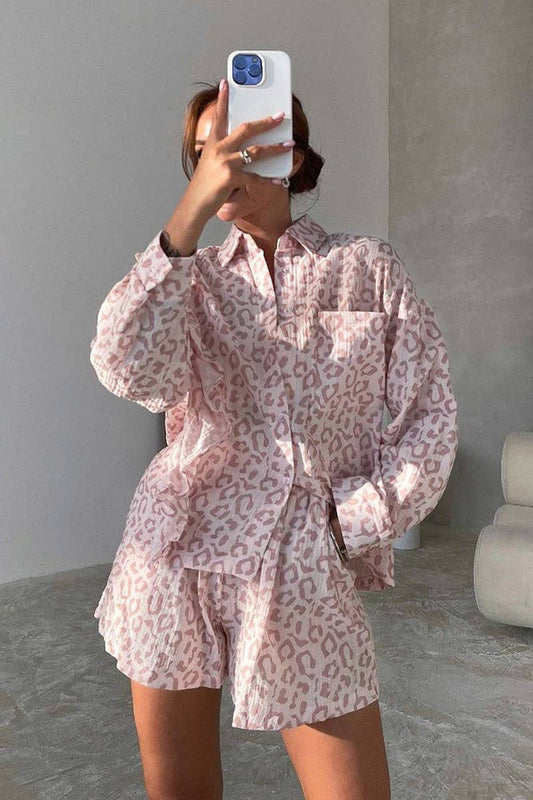 CWSPJ0055_PINK PRINTED LONG SLEEVE SHIRT SHORTS PAJAMA SET