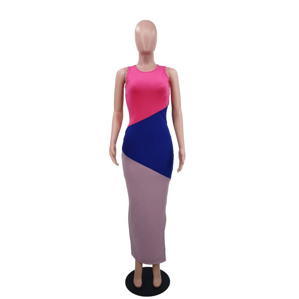 COLOR CONTRAST CASUAL SLIM LONG DRESS