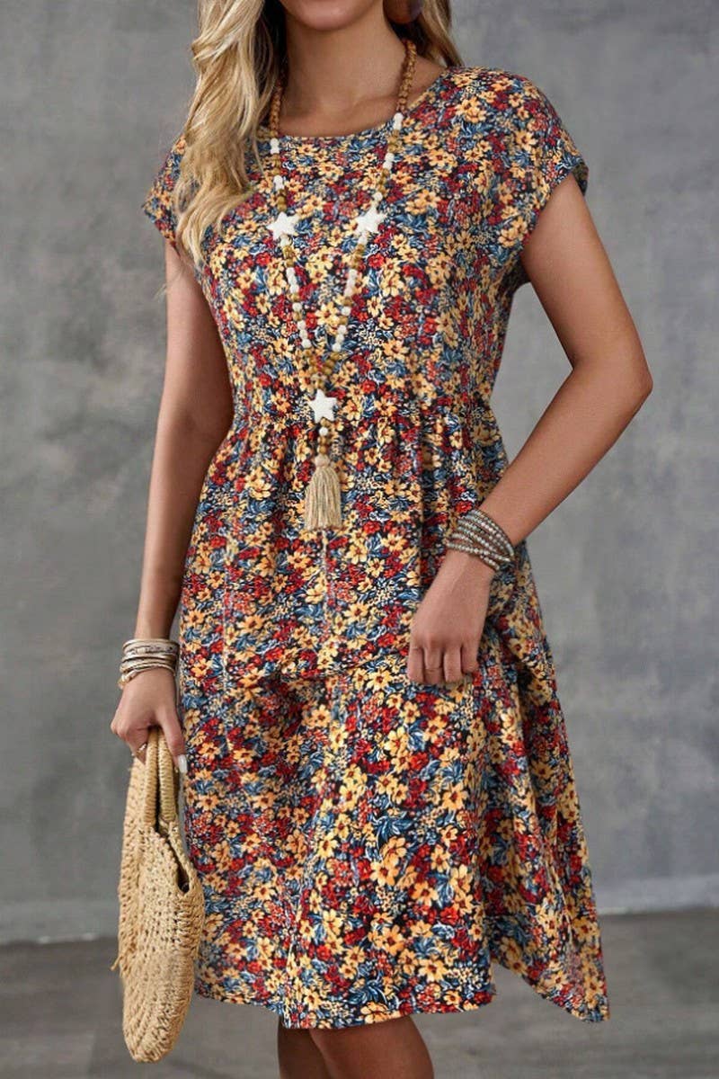 CWDSD8379_PRINTED ELASTIC WAIST SHORT SLEEVE DRESS