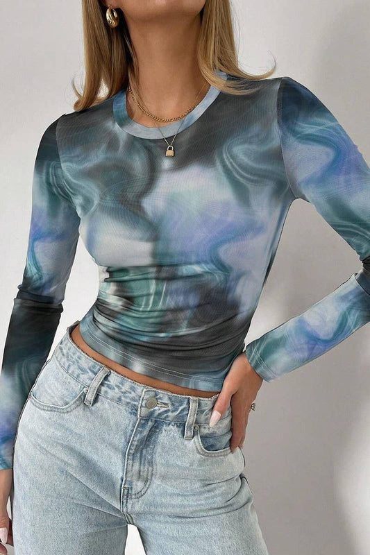CWTBLL3522_PRINTED CREW NECK MESH LONG SLEEVE TOP