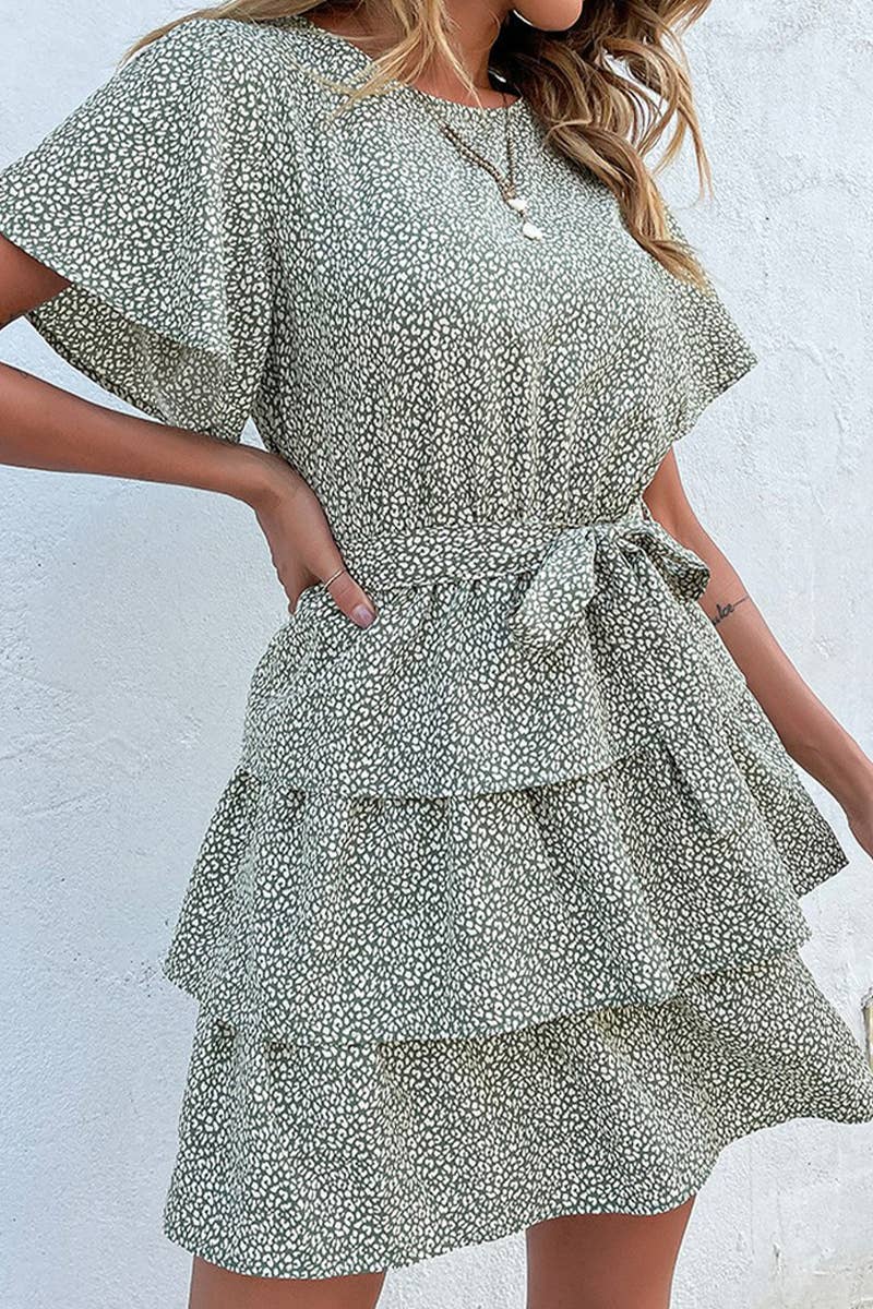 CWDSD7032_NEW STYLE RUFFLE ROUND NECK TIE CAKE DRESS