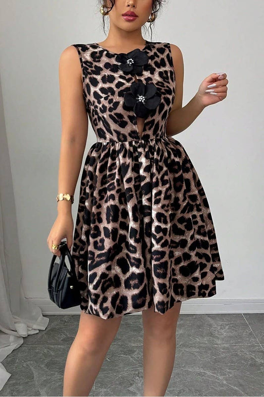 CWDSD8243_BOLD LEOPARD FLORAL APPLIQUE SLEEVELESS DRESS