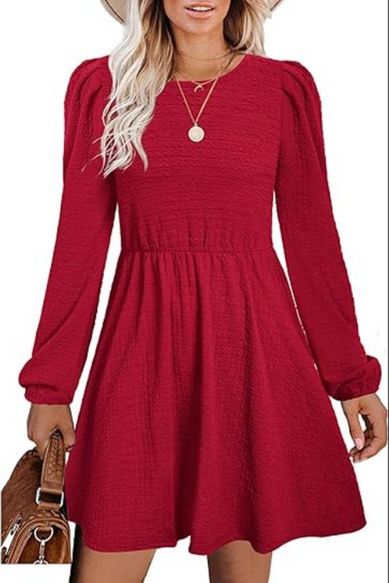 CWDSD10646_PUFF SLEEVE ROUND NECK HIGH WAIST DRESS