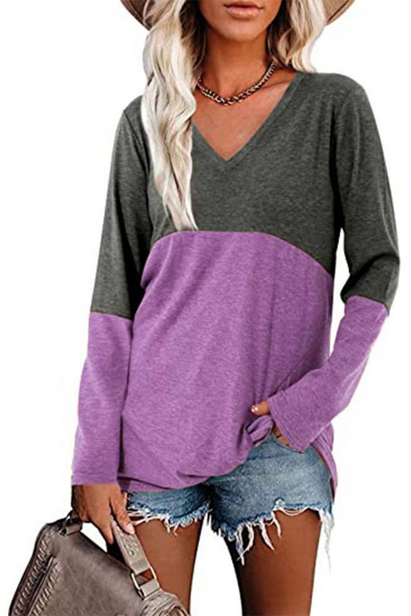 CWTBLL3689_CONTRAST COLOR V-NECK LONG-SLEEVED LOOSE TOP