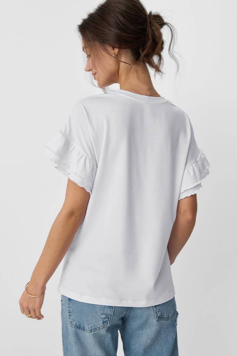 CWTBLS1620_SOLID COLOR ROUND NECK RUFFLE SLEEVE TOP