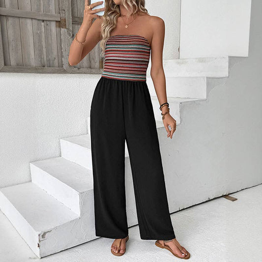 Casual striped patchwork elastic waist jumpsuit
