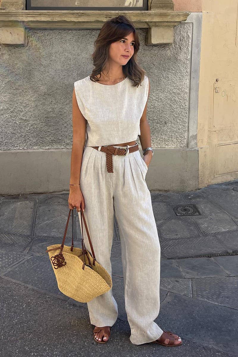 CWSTB1800_LINEN SLEEVELESS TOP & WIDE LEG PANTS SET