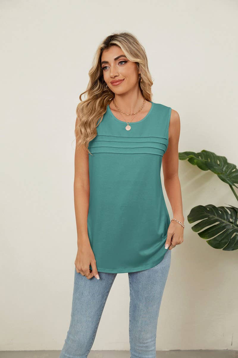 CWTBLSL0971_RUCHED SLEEVELESS CREWNECK SOLID TANK TOP