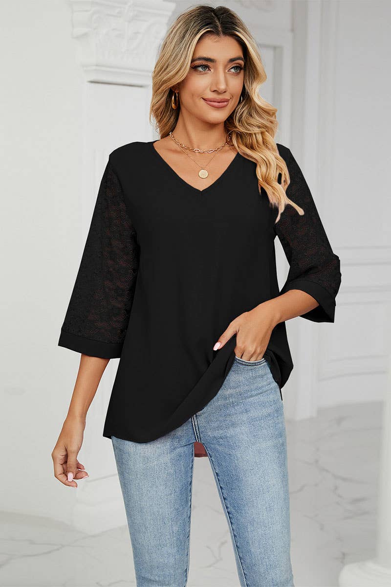CWTBLS0303_Lace 3/4 Sleeve V-Neck  Blouse