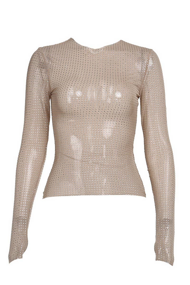 CWTBLL3289_ROUND NECK RHINESTONE GLITTER LONG SLEEVE TOP