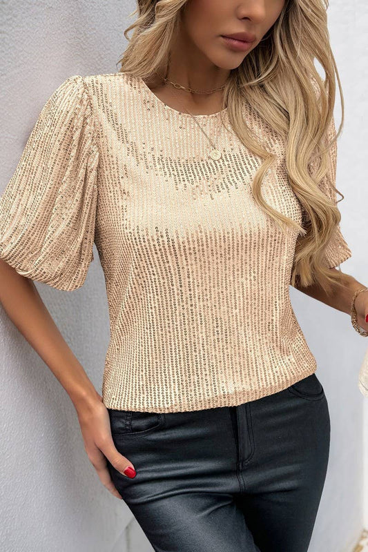 CWTBLS1849_ROUND NECK RETRO BELL SLEEVE SEQUIN TOP