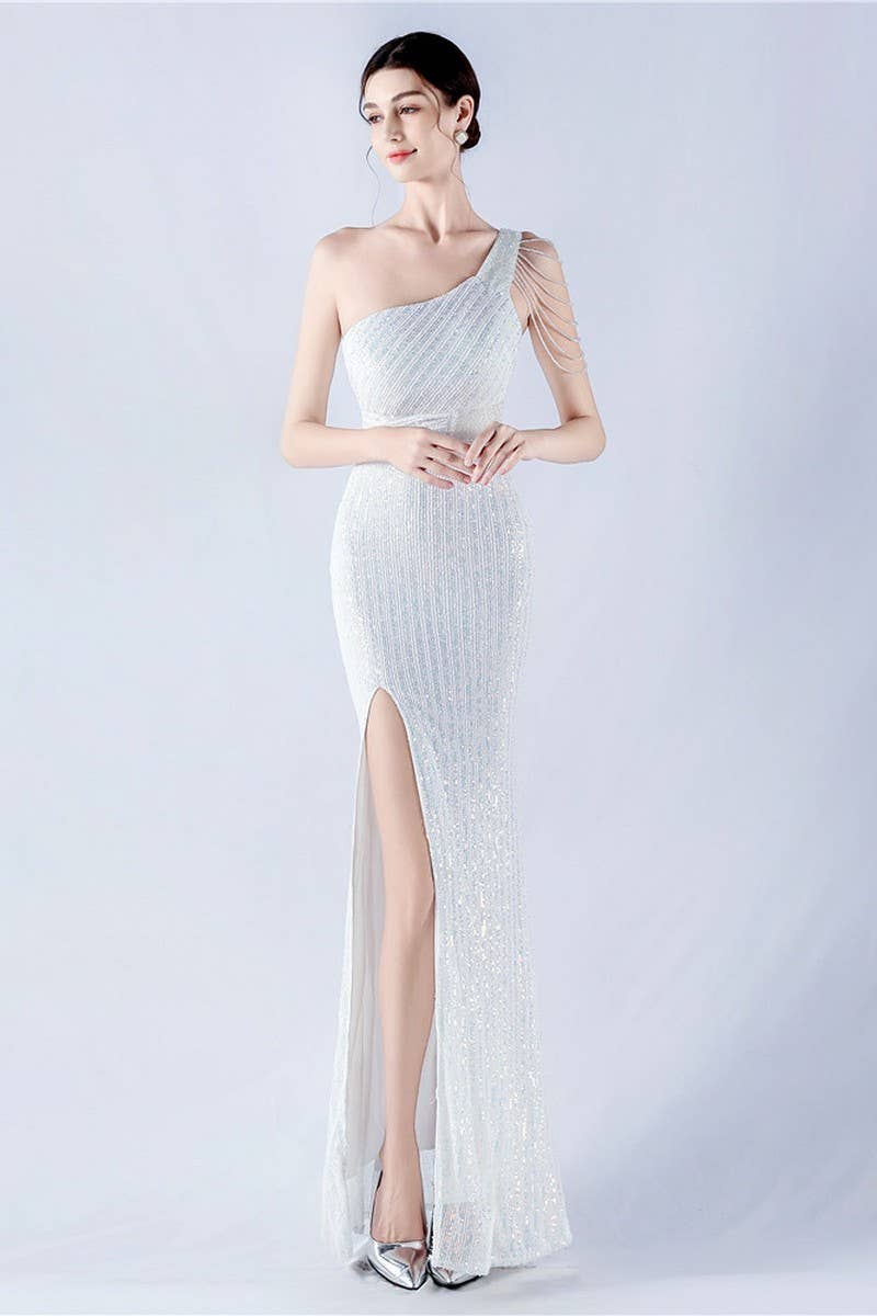 CWDMD4826_ONE-SHOULDER OFF-SHOULDER HIGH-SLIT SEQUINED DRESS