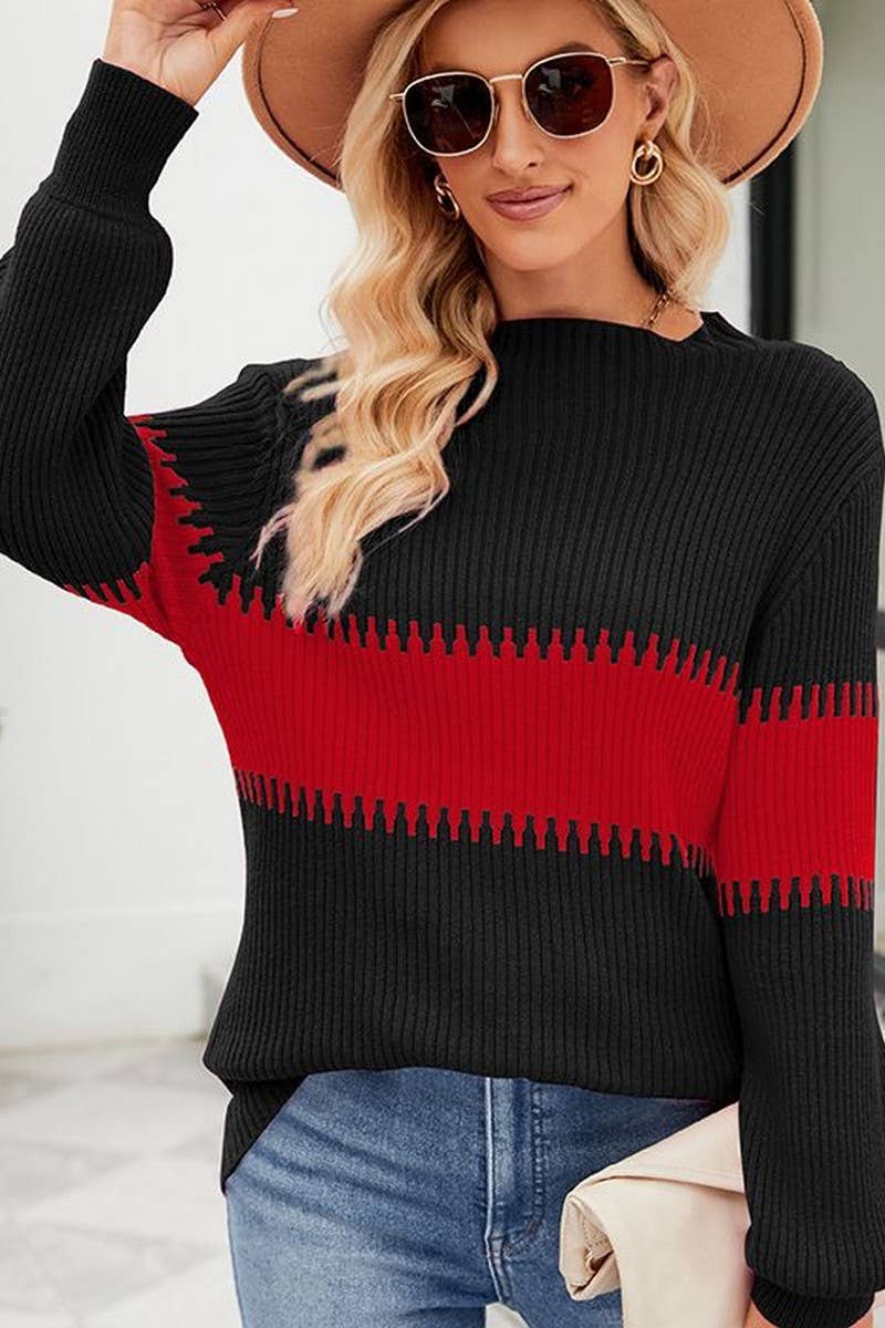 CWOSWL2676_CONTRAST COLOR PANEL LOOSE SWEATER