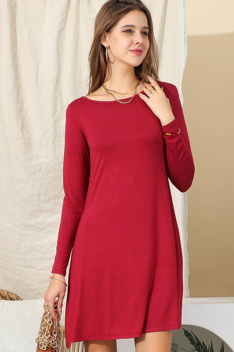 CWDSD10398_LONG SLEEVE WIDE ROUND NECK LOOSE FIT DRESS
