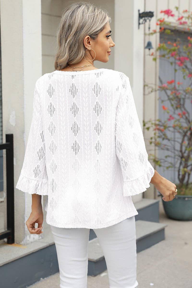 CWTBLL3672_V-NECK DIAMOND CHECK HOLLOW TRUMPET SLEEVE TOP