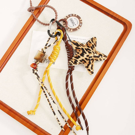 Retro Leopard Star Keychain with Beads & Chip_CWMM7624