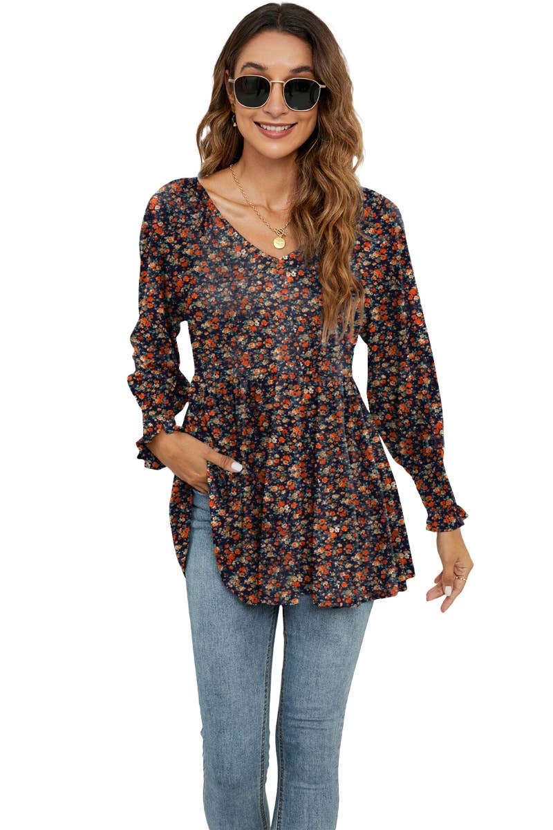 CWTBLL2935_FALL FLOWER BOUQUET WAIST PUFFY SLEEVE TOP