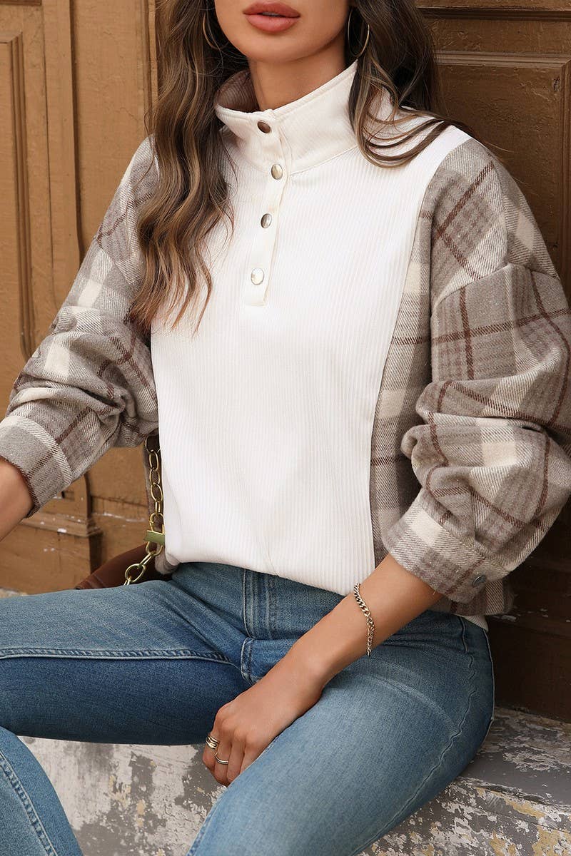 CWTBLL00738_VINTAGE HALF-PLACKET PLAID PATCHWORK SWEATSHIRT