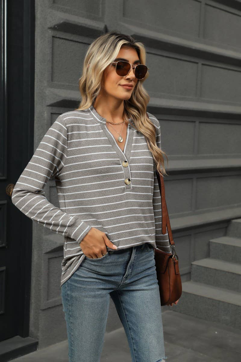 CWTBLL1864_STRIPED BRUSHED BUTTON LONG-SLEEVED T-SHIRT