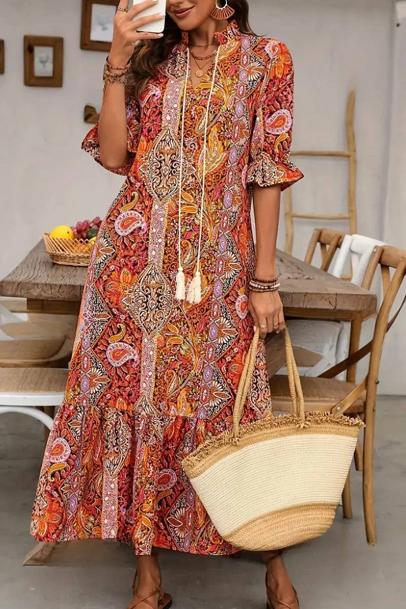 CWDMD4101_PRINTED ELBOW SLEEVE TIE-TIE RUFFLE DRESS