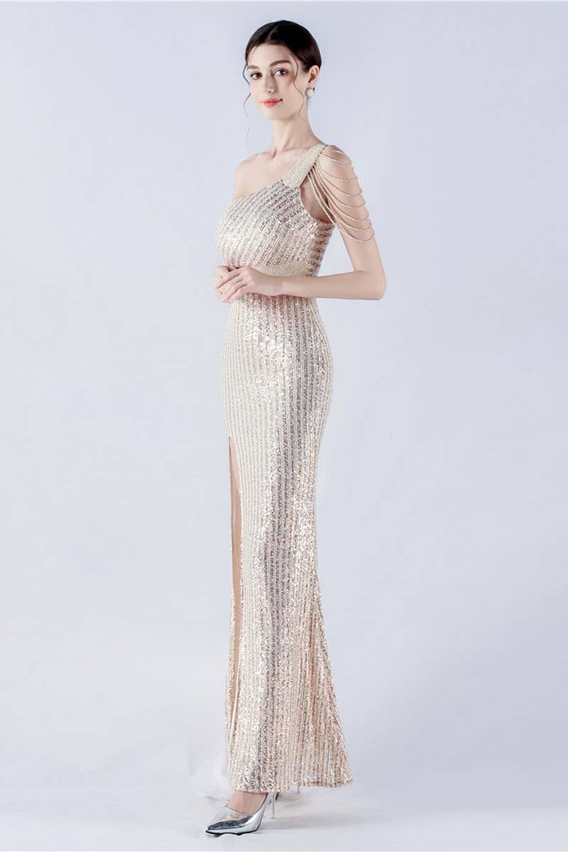 CWDMD4826_ONE-SHOULDER OFF-SHOULDER HIGH-SLIT SEQUINED DRESS