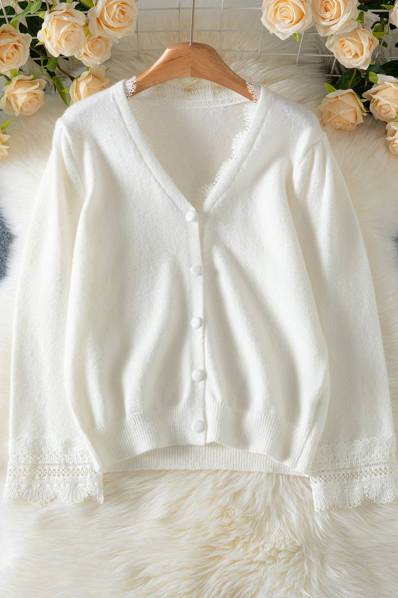 CWOCAL00713_V-NECK LACE PANEL LONG-SLEEVED SWEATER