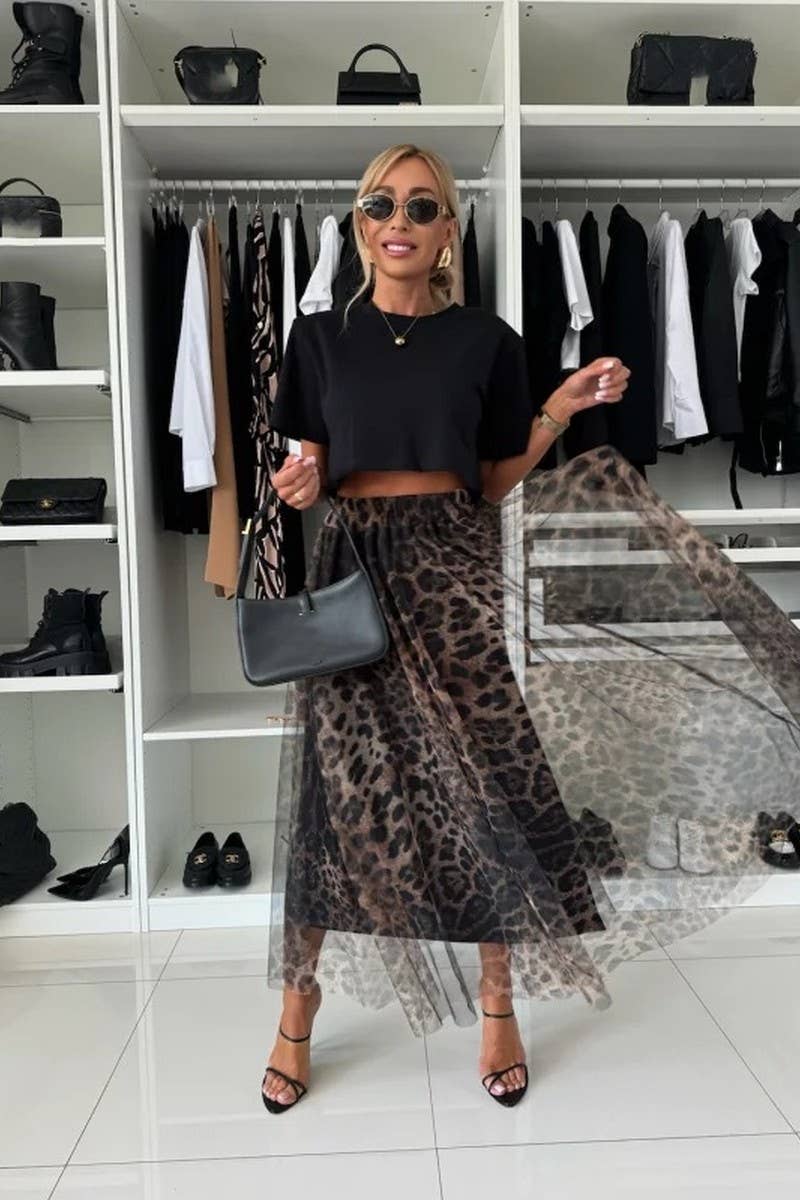 CWBLS0626_NEW LEOPARD PRINT ELASTIC WAIST SWING MESH SKIRT