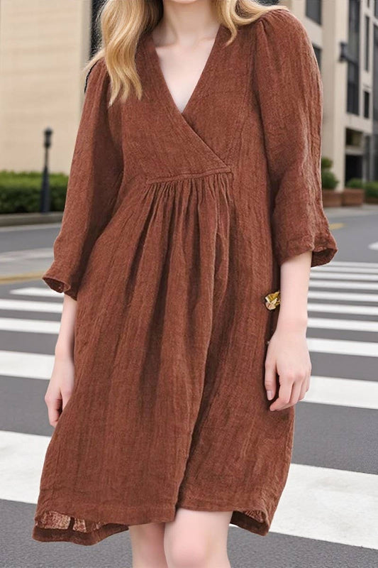CWDSD10628_V-NECK CROSS-SLEEVE LOOSE CASUAL DRESS