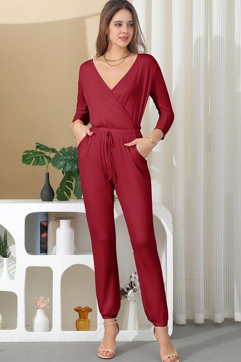 CWSJS221_V Neck Casual Jumpsuits Long Sleeve