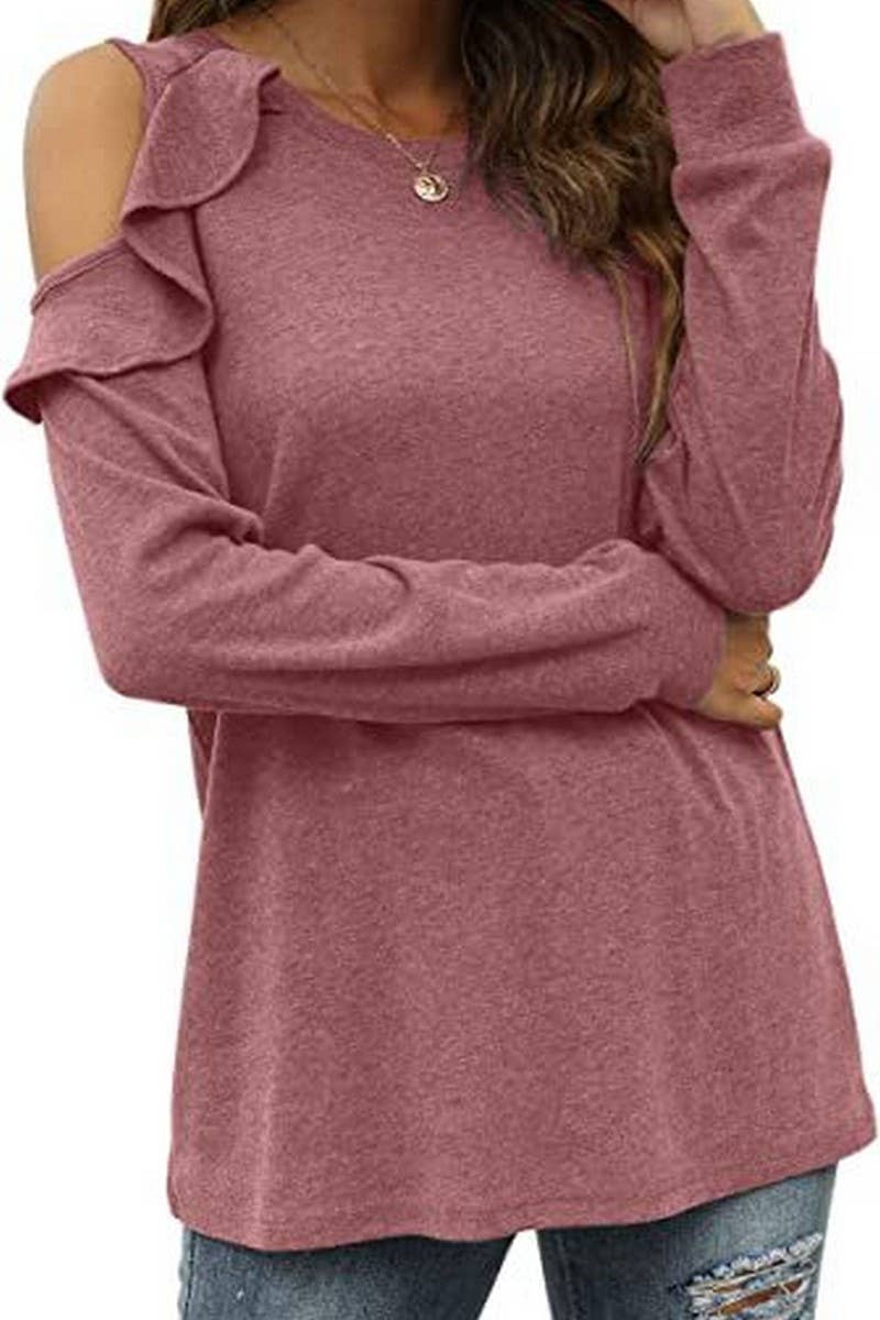 CWTBLL2671_ROUND NECK OFF-SHOULDER RUFFLED LOOSE TOP