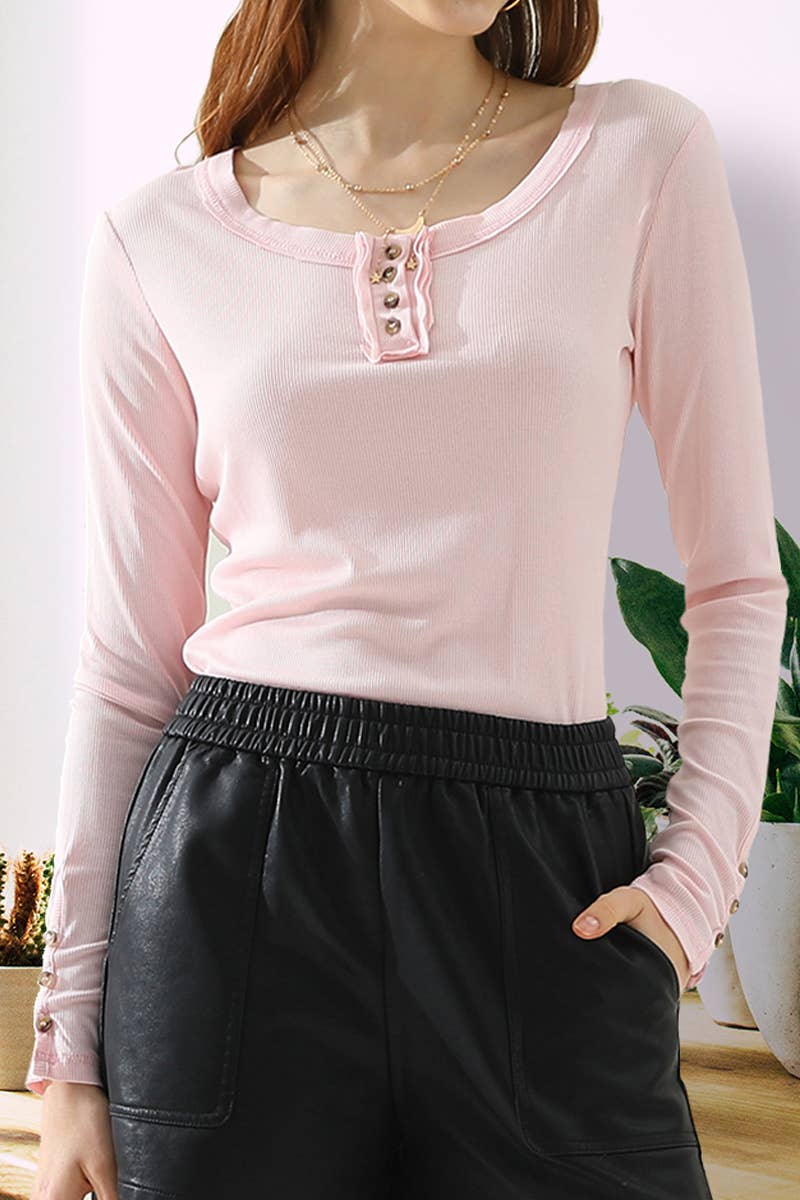 CWTTL1105_LONG SLEEVE ROUND BUTTON NECK T SHIRT TOP