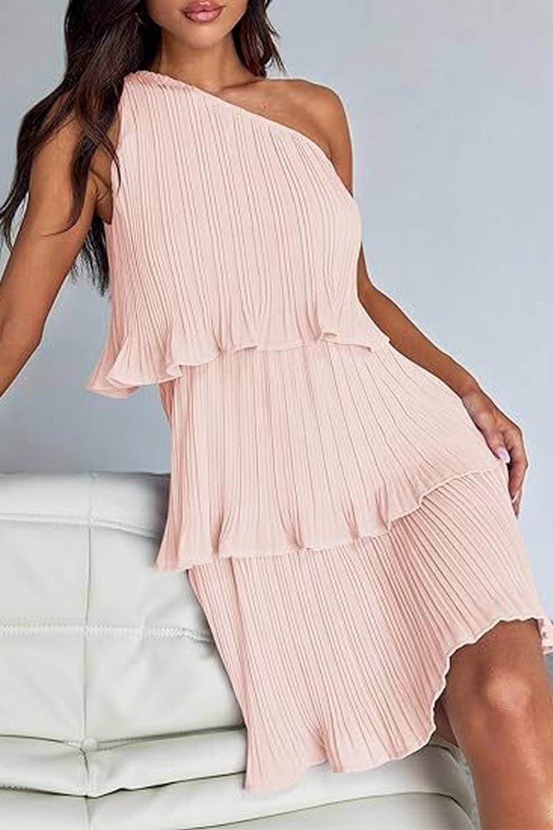 CWDSD7518_SUMMER OFF-SHOULDER LAYERED SOLID COLOR DRESS