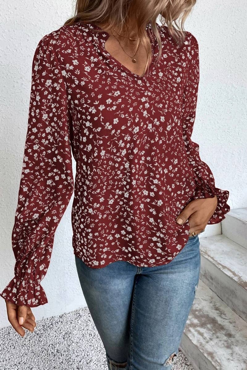 CWTSTL2080_FLORAL V-NECK RUFFLED LONG-SLEEVED SHIRT