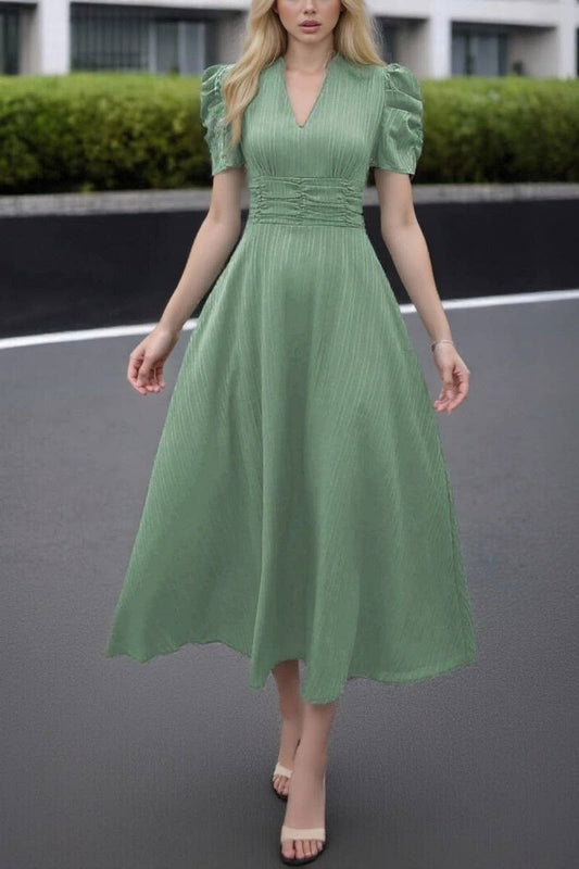 CWDMD6446_TEMPERAMENT HIGH WAIST SOLID COLOR WAIST DRESS