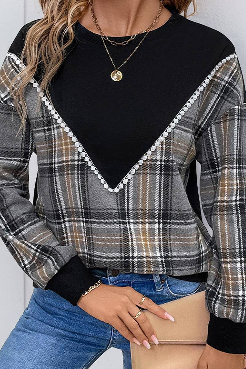 CWTBLL3714_CASUAL PLAID STITCHING ROUND NECK SWEATSHIRT