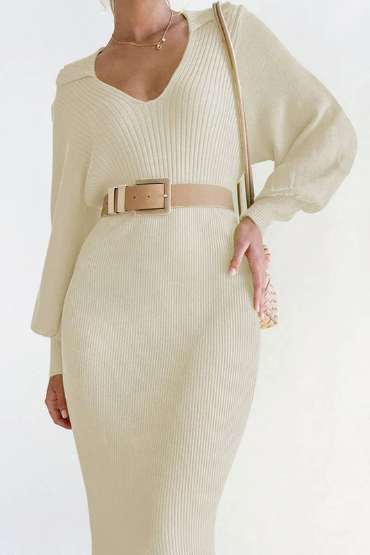 CWDMD01035_VINTAGE LANTERN SLEEVE V NECK KNIT SWEATER DRESS