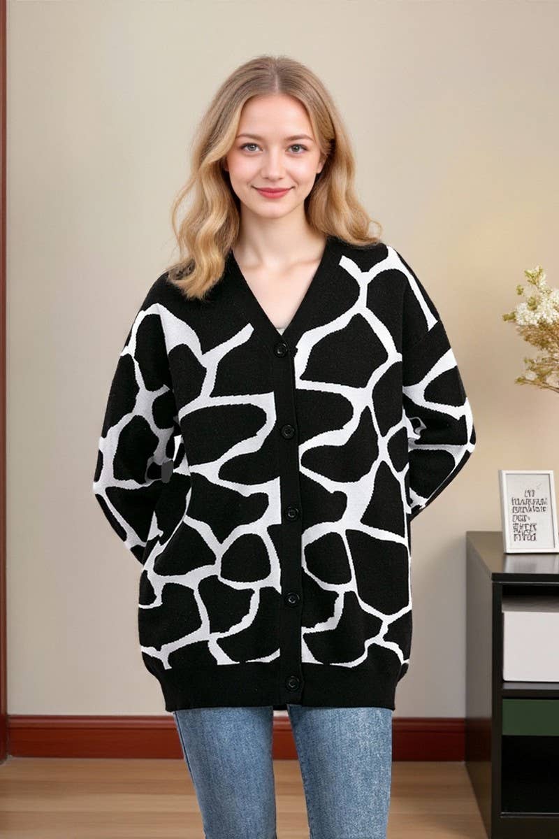 CWOCAL00664_JACQUARD KNIT V NECK LONGLINE CARDIGAN