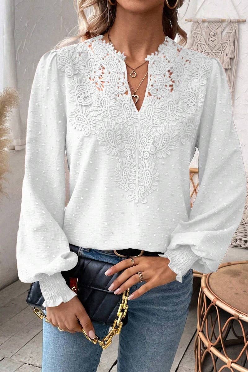 CWTBLL1064_FALL CASUAL V-NECK LACE LONG-SLEEVED TOP