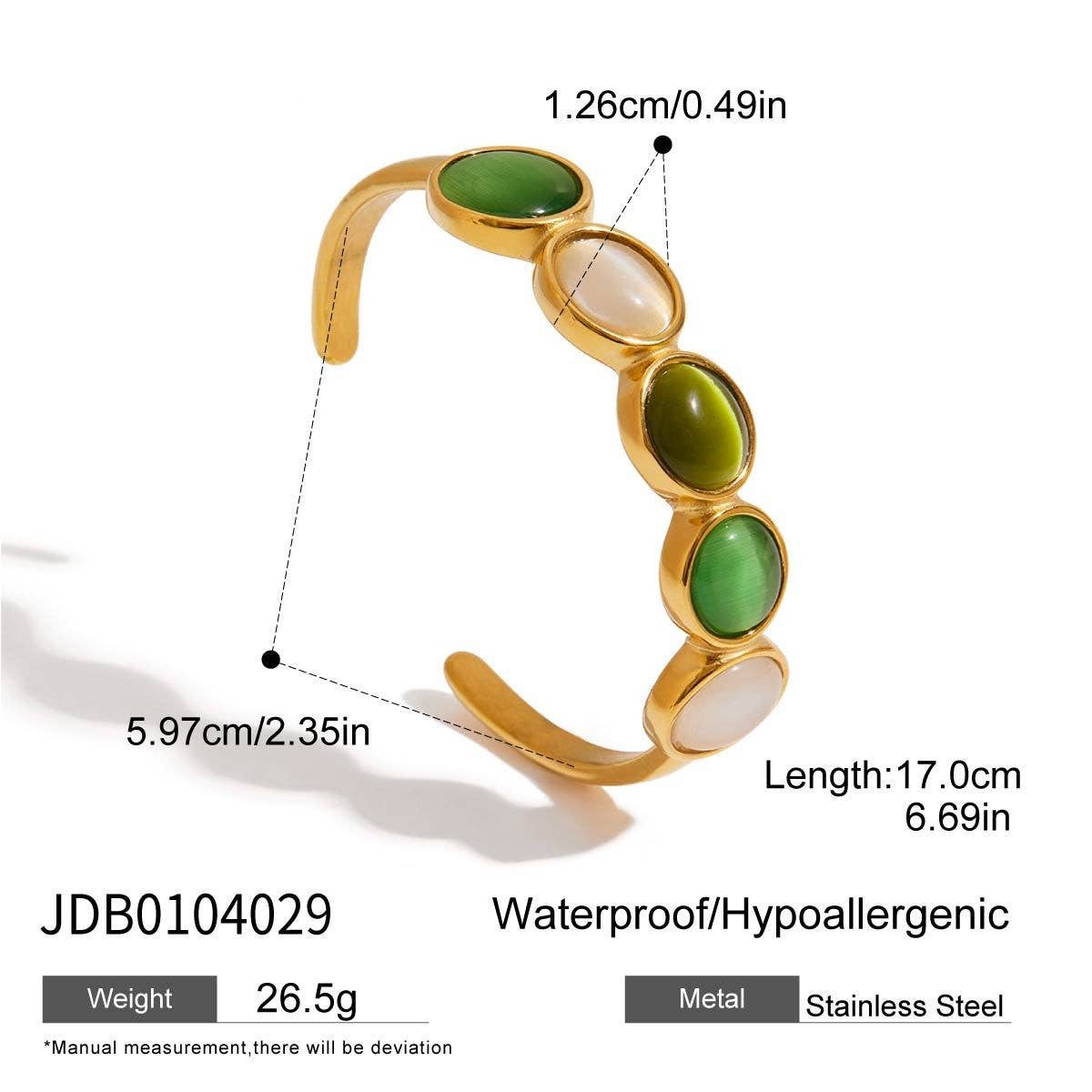 Luxury 18K Gold Green & White Cat's Eye Cuff