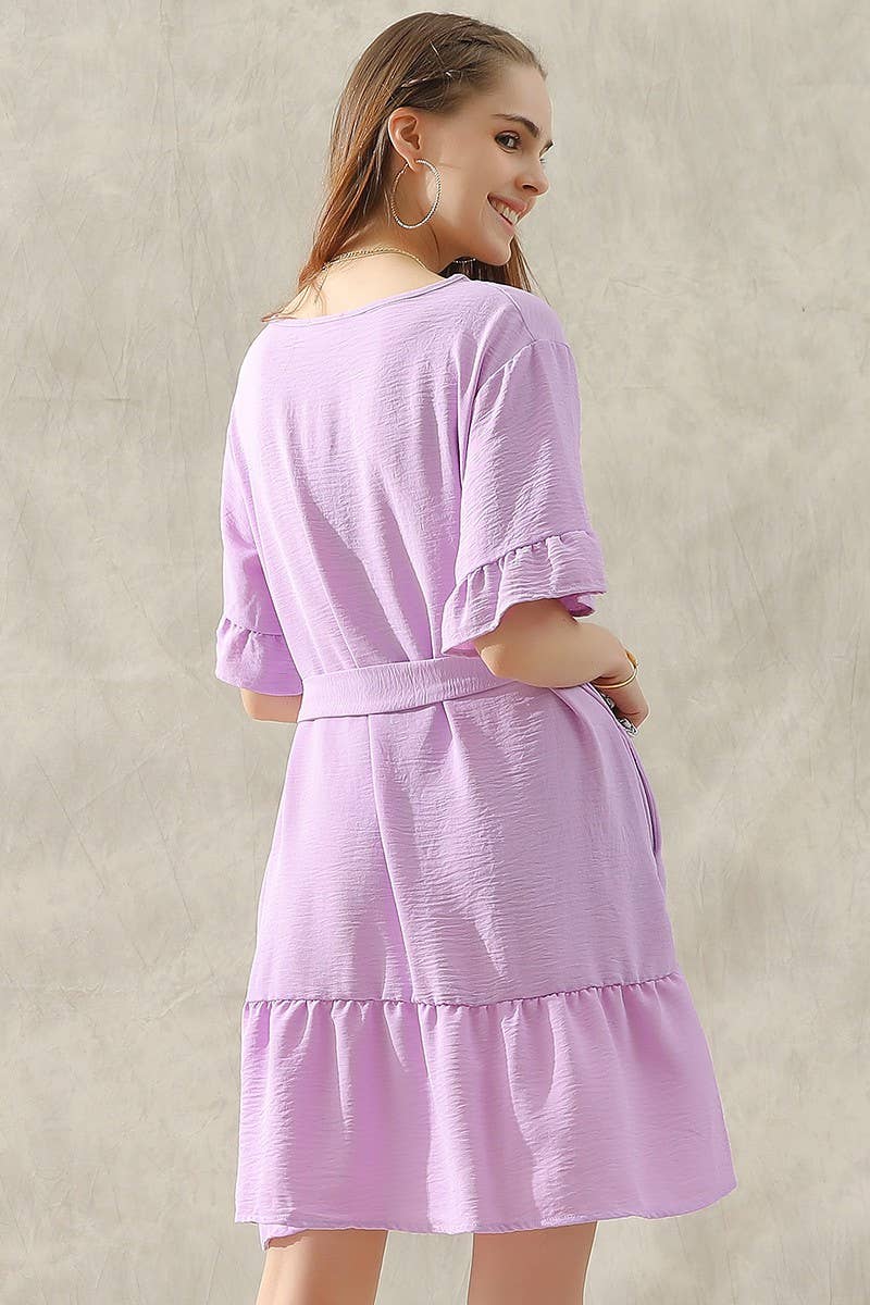 CWDSD10405_WAIST BOW TIE MIDI RUFFLE SHORT MIDI DRESS