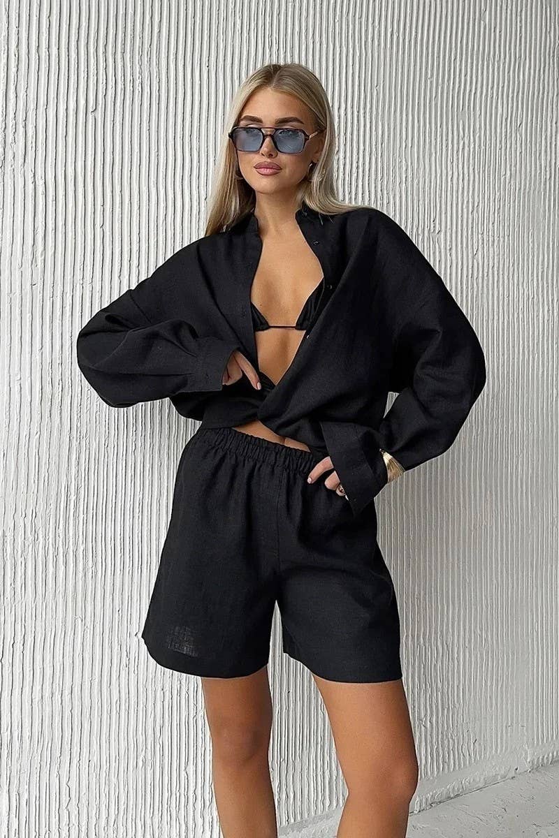 CWSTB00383_COTTON CARDIGAN LONG SLEEVE SHORTS SET