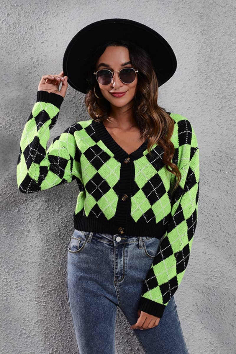 CWOCAL2048_DIAMOND CHECK LONG-SLEEVED CARDIGAN SWEATER