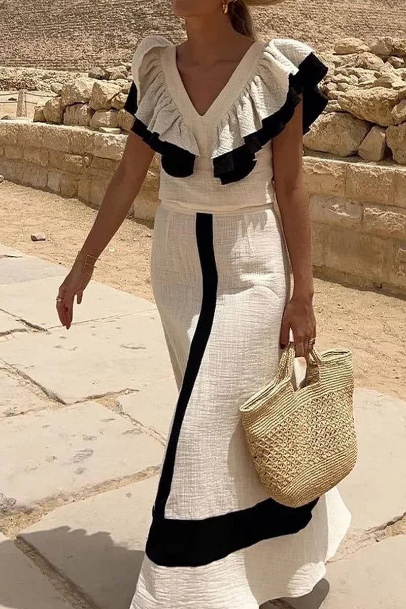 CWSTB1390_V-NECK SHORT-SLEEVED RUFFLED LONG SKIRT SUIT