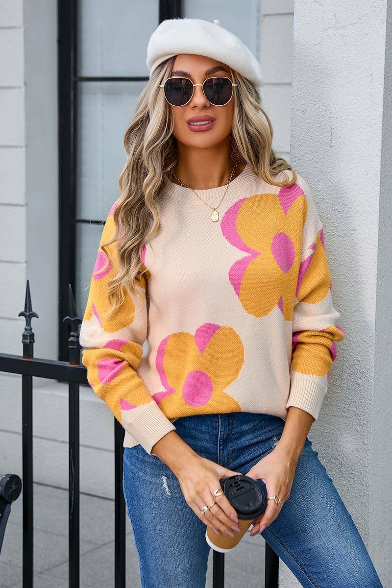 CWOSWL3067_LARGE FLOWER PRINT CREW NECK KNITTED SWEATER